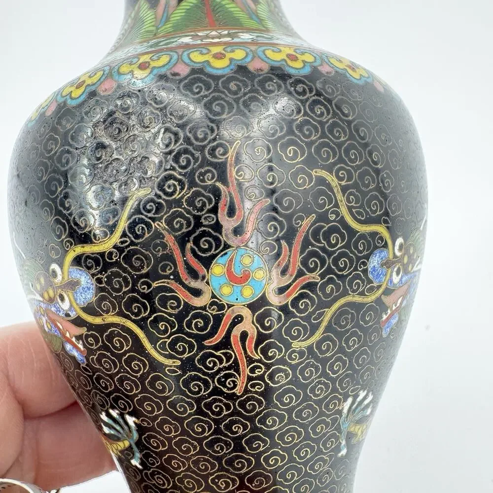 Chinese Cloisonné Floral Vase Double Dragon Black Enameled 6” Vintage Brass Edge